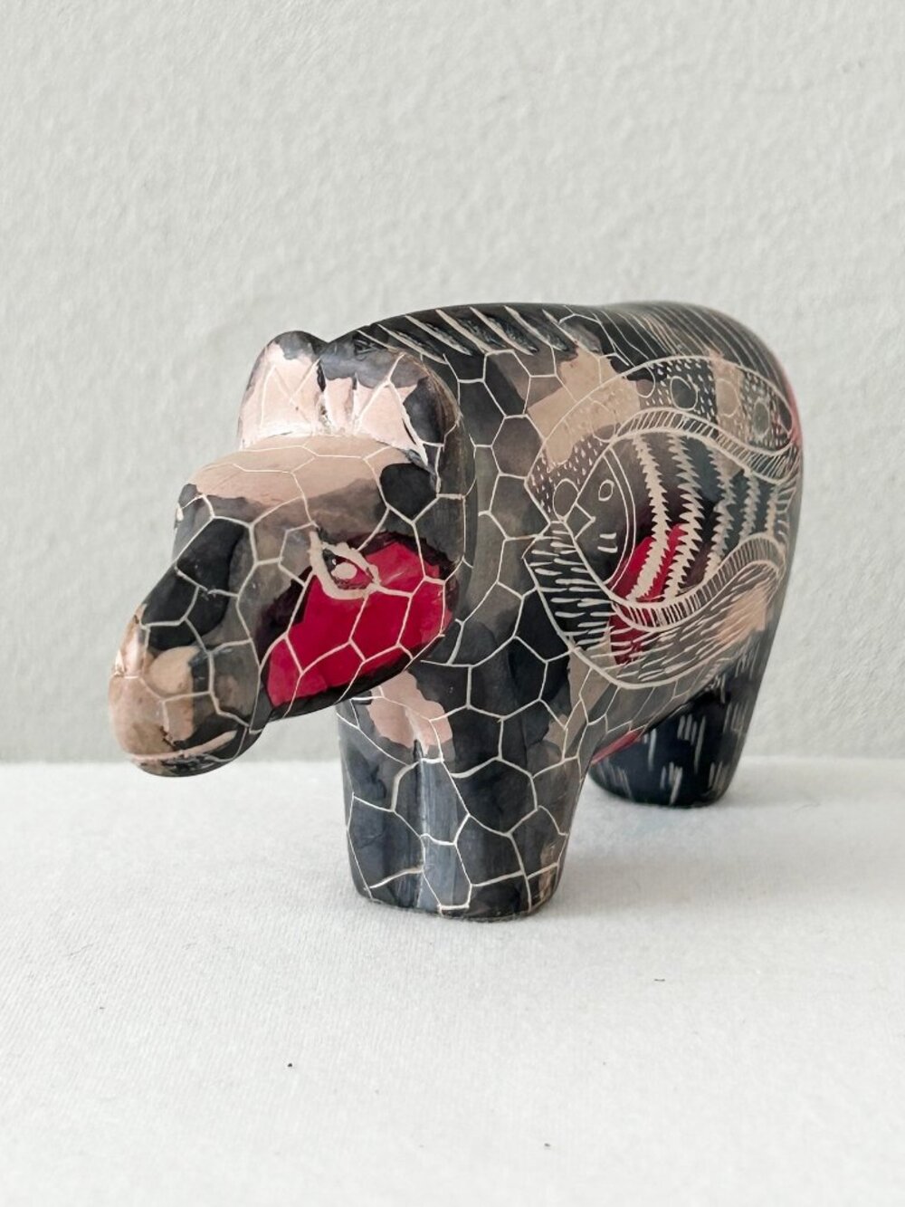 Vintage Kenyan Soapstone Hippo Figurine Hand Carved Etched Fish Folk Art Signed